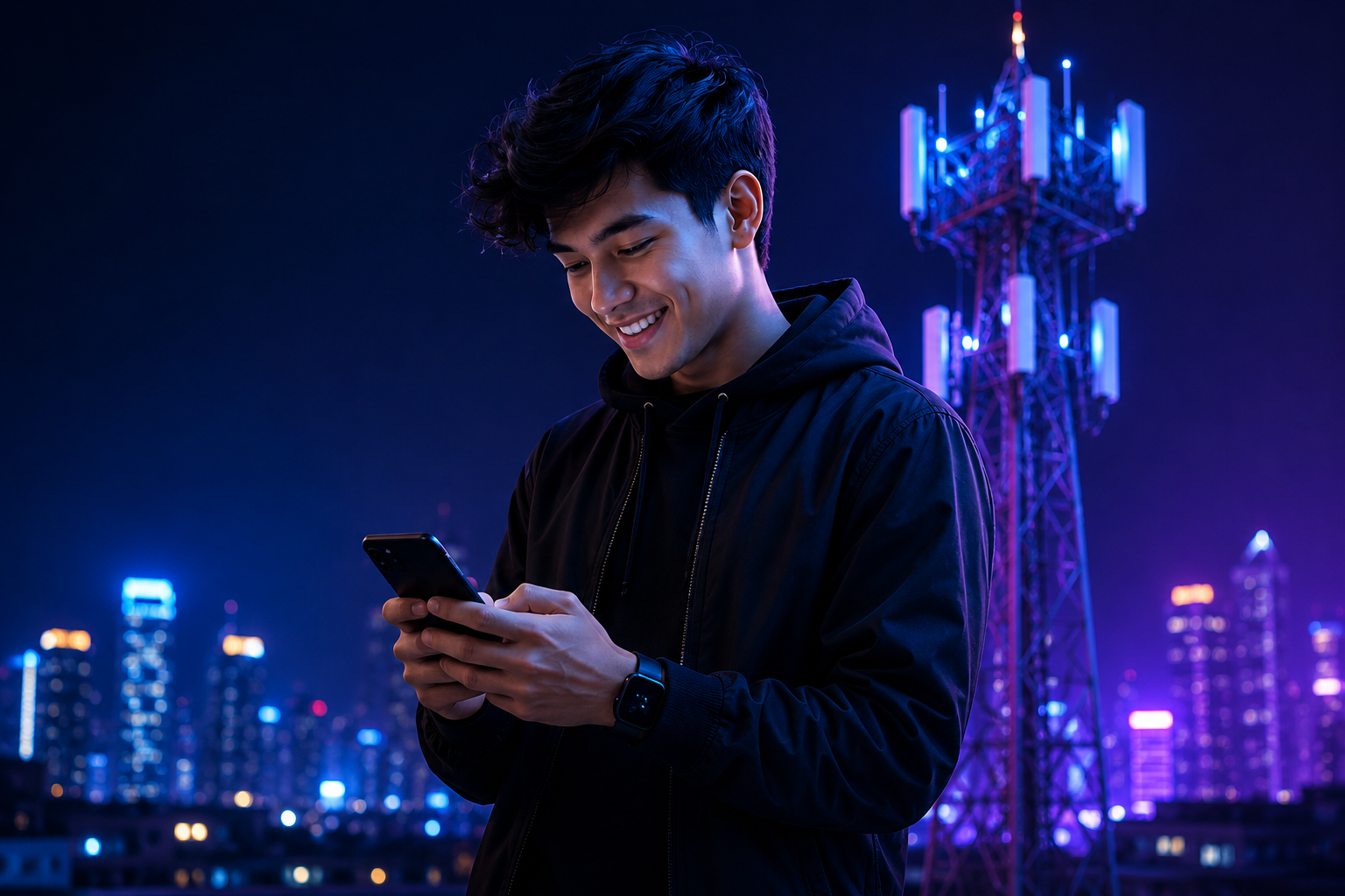 Belia menggunakan telefon pintar dengan rangkaian 5G RejekiTelco
