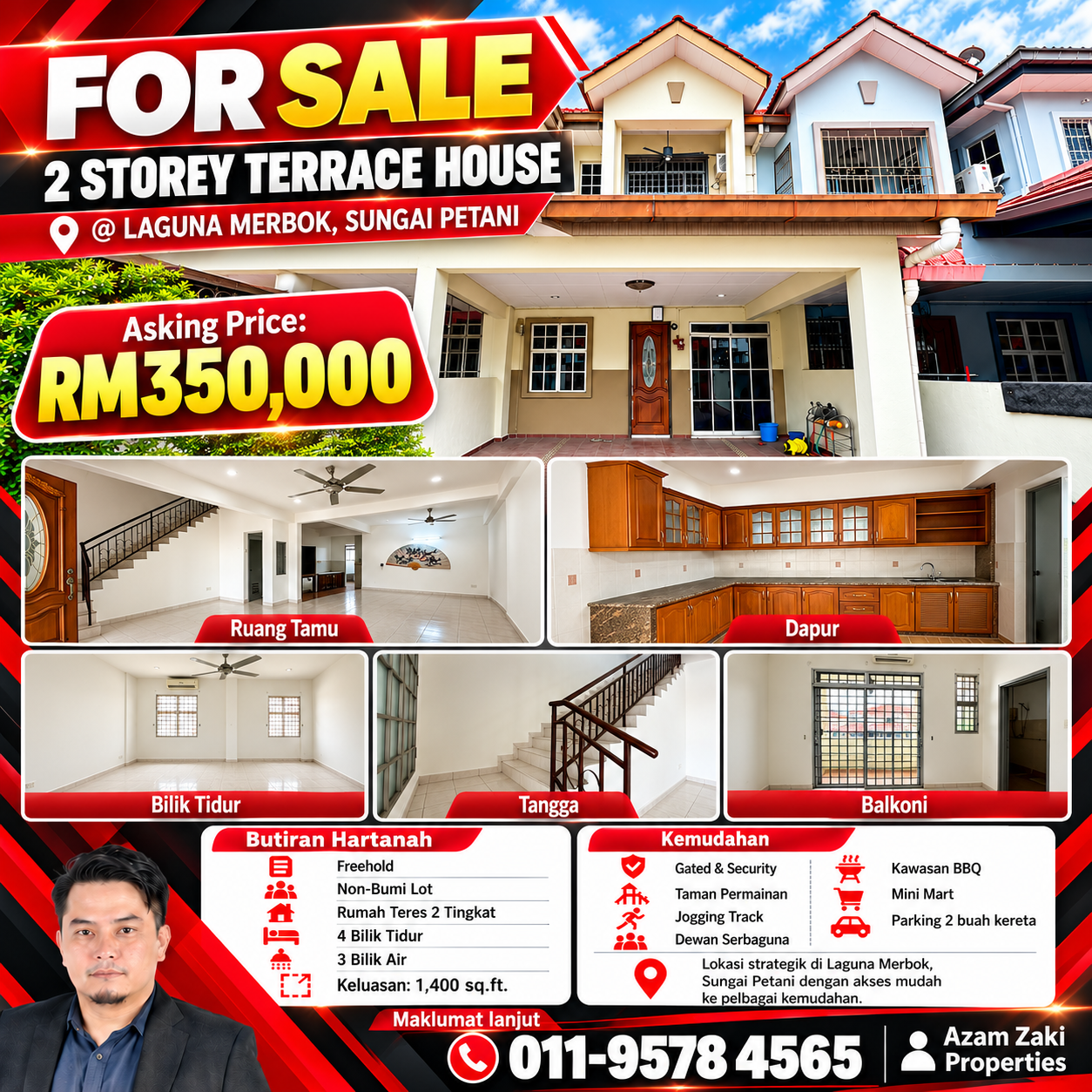 Poster rumah teres dua tingkat Laguna Merbok untuk dijual RM350,000
