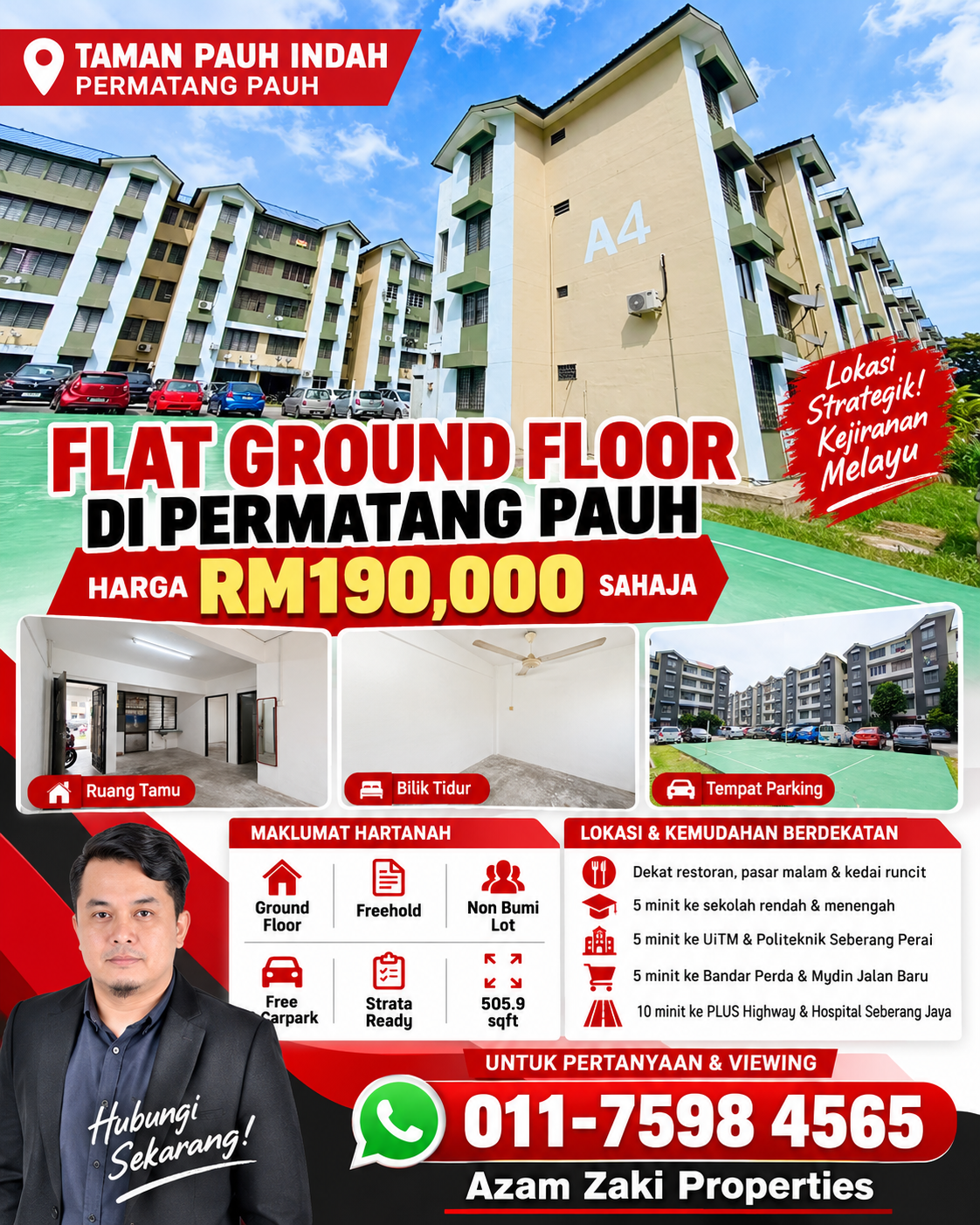 Poster flat ground floor Taman Pauh Indah Permatang Pauh untuk dijual RM190,000