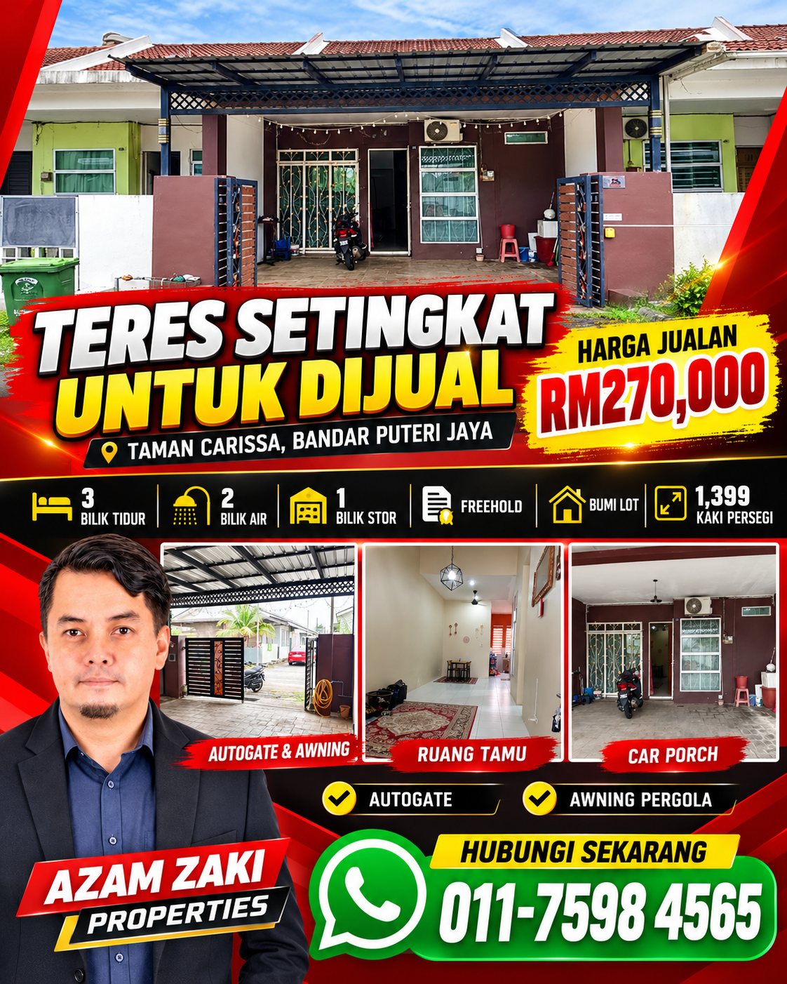 Poster rumah Taman Carissa Bandar Puteri Jaya untuk dijual RM270,000